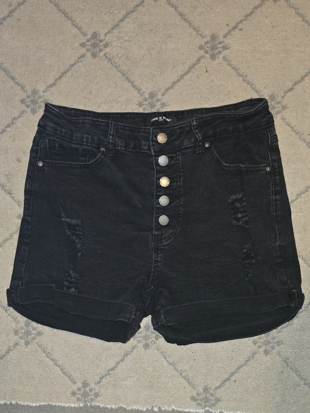 Fire & Rain 13 L Large 12 Button-Front Black Denim Jean Shorts with Rolled Hem